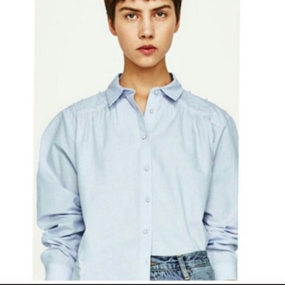 Blue Pearl Button Down Top From Zara
